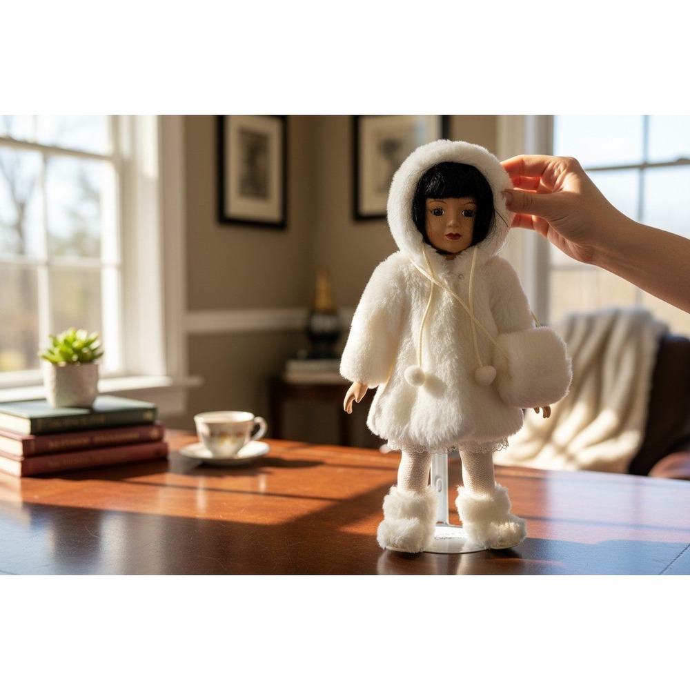 Heritage Mint Porcelain Doll Women 16in White Good Winter Faux Fur Hooded Coat